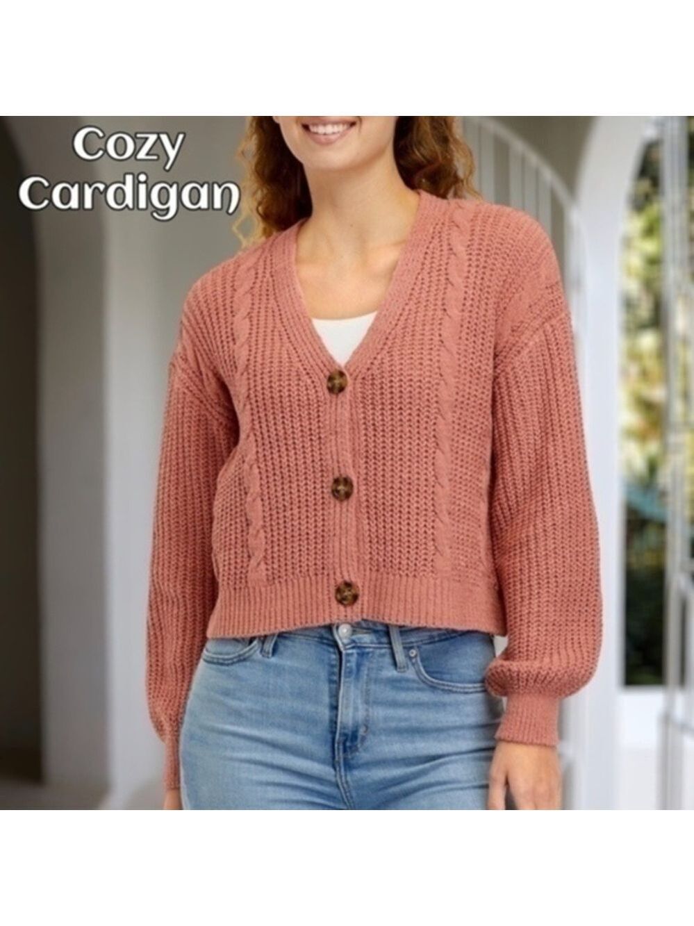 TRUE CRAFT Long Sleeve V-Neck 3-Button Front Cropped Cardigan-Rose/XL NWT